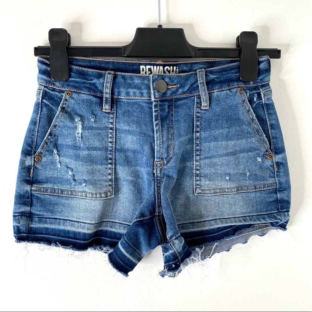 REWASH Released Fray Hem Jean Shorts Distressed Stretch Denim